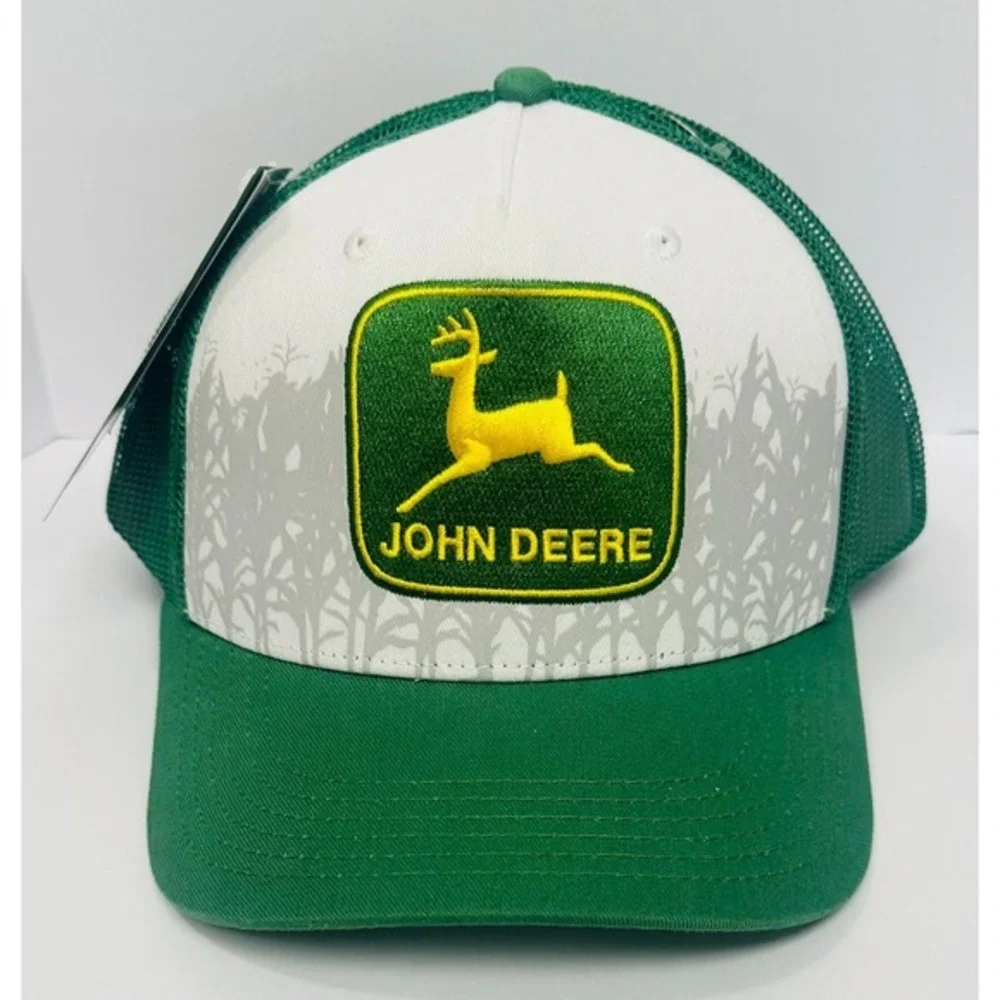 John Deere Embroidered Logo White & Green Trucker Snapback Mens Hat One Size NWT